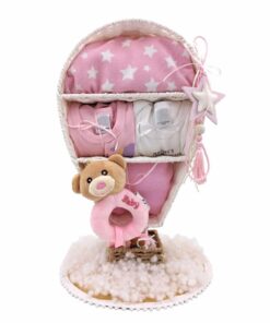 Δωροσύνθεση (Diaper Cake) για νεογέννητο, ροζ, με θέμα αερόστατο