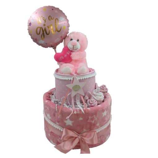 Diaper cake ροζ αρκουδάκι με μπαλόνι