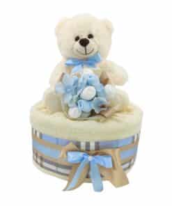 Diaper cake εκρού αρκουδάκι με θέμα σιελ burberry