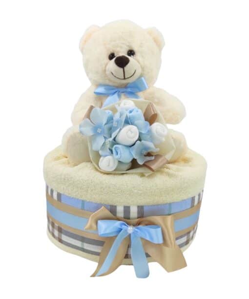 Diaper cake εκρού αρκουδάκι με θέμα σιελ burberry