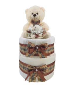 Diaper cake εκρού αρκουδάκι με θέμα burberry