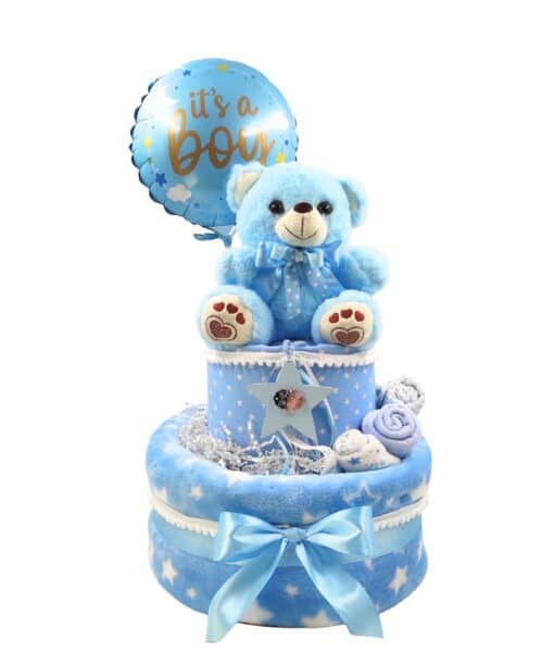 Diaper cake σιέλ αρκουδάκι με μπαλόνι